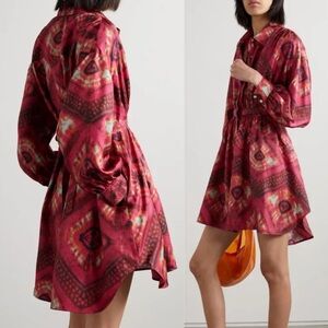 ULLA JOHNSON Jude Shibori Printed Silk Twill Mini Shirt Dress 4 red pink pockets